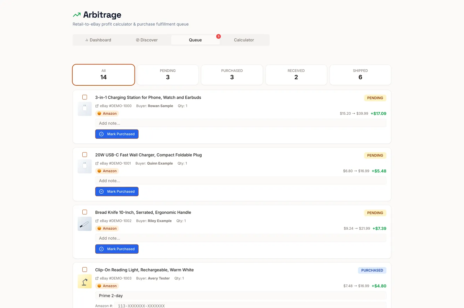 Arbitrage screen with profit calculator, watchlist and purchase queue (demo data)