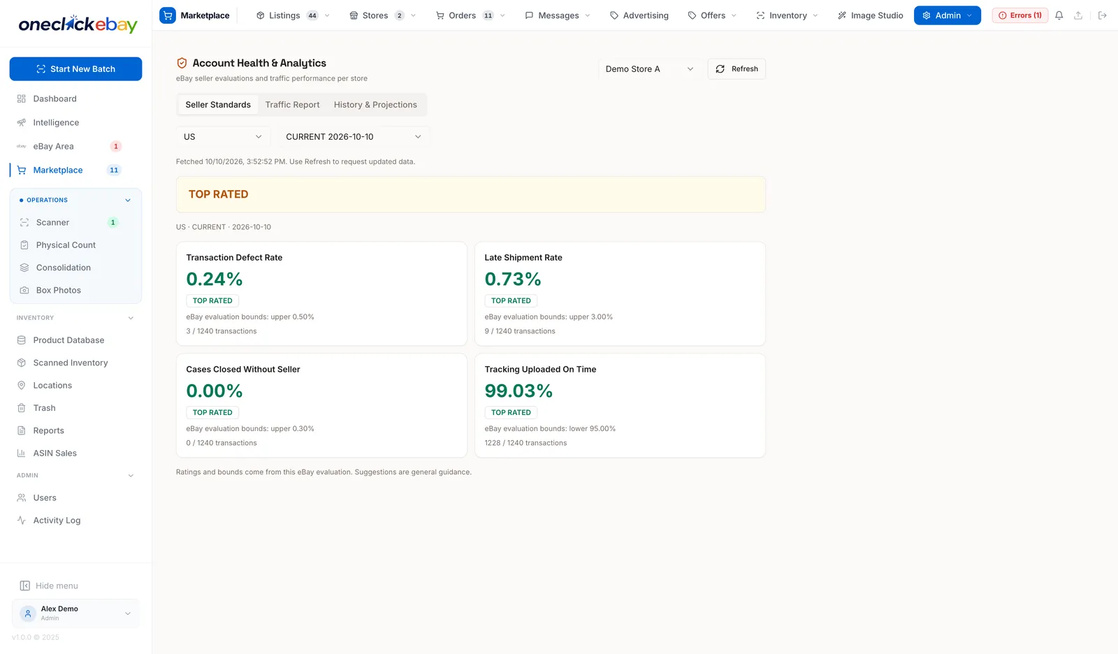 Account health screen with seller standards, defect tracking and compliance alerts (demo data)