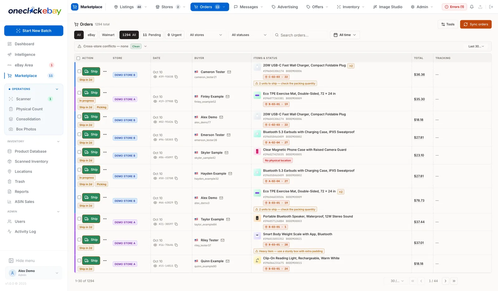 Unified orders screen listing orders from multiple stores (demo data)